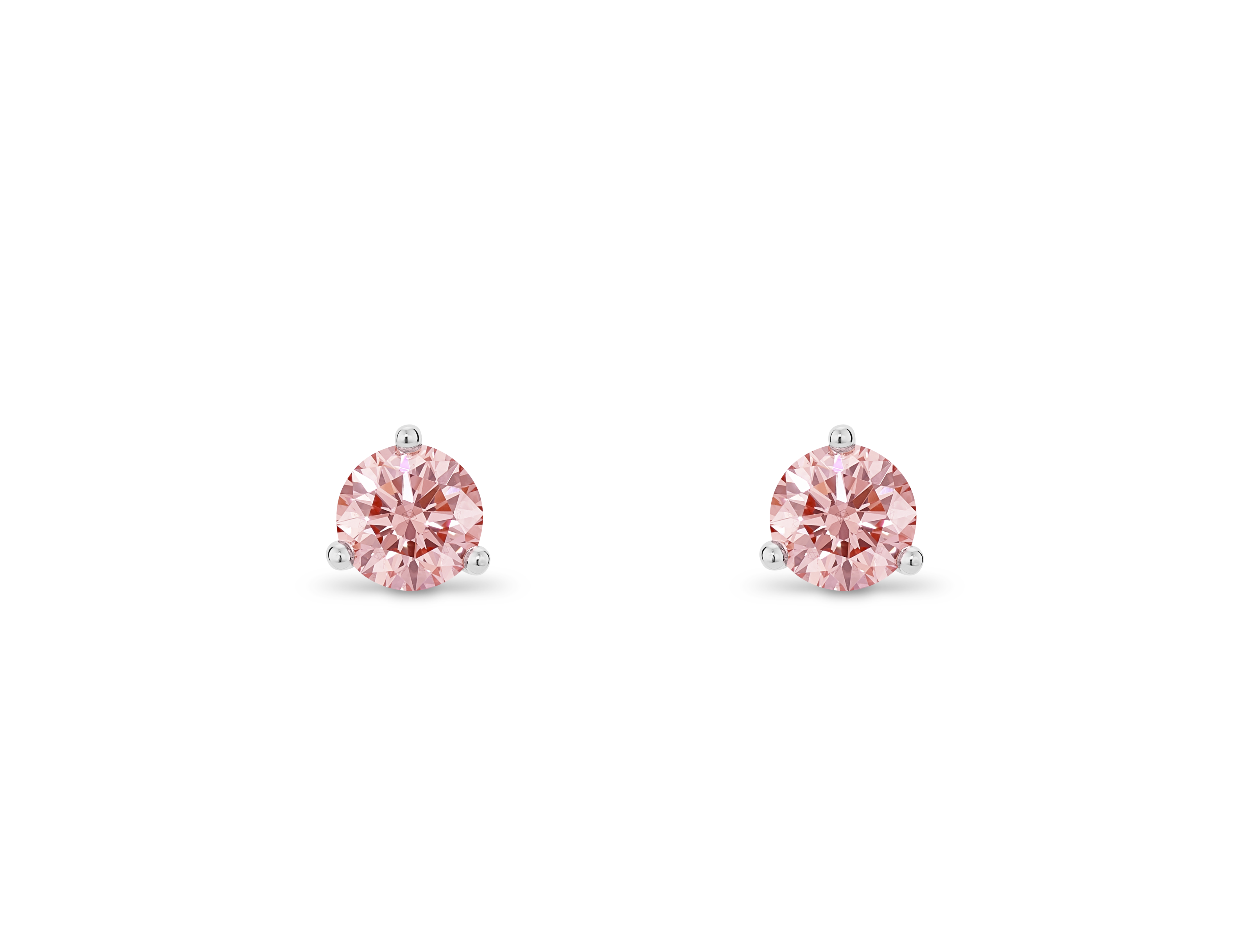 Front view of pink 0.5 carat total weight round brilliant solitaire studs in 14k white gold
